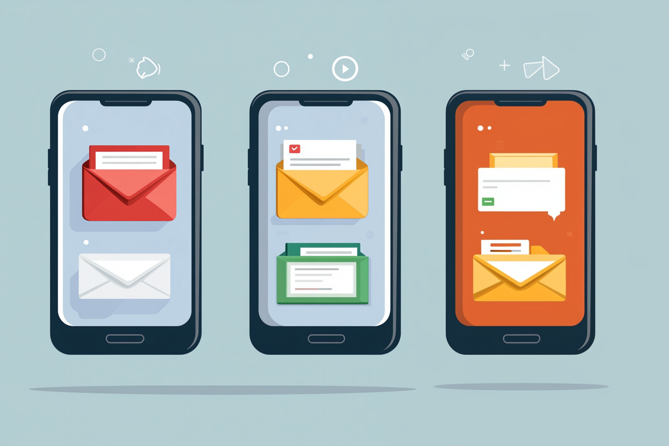 Different types of emails on 3 phone screens