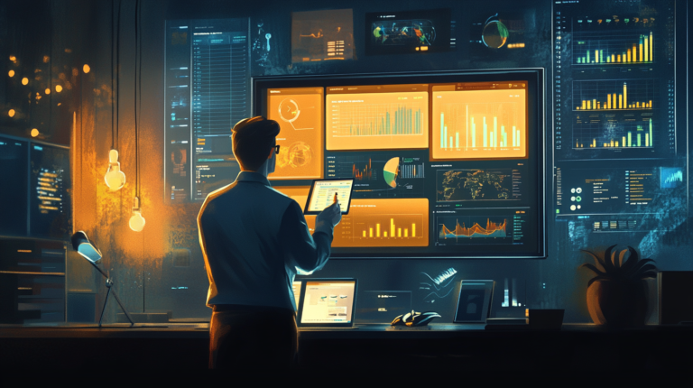 Man setting up analytics dashboard with various kinds of charts