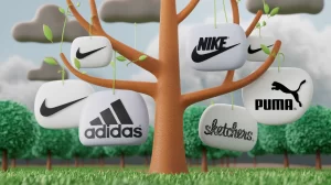 Brand logos like Nike, Adidas, Puma and Sketchers hanging from tree like Christmas charms