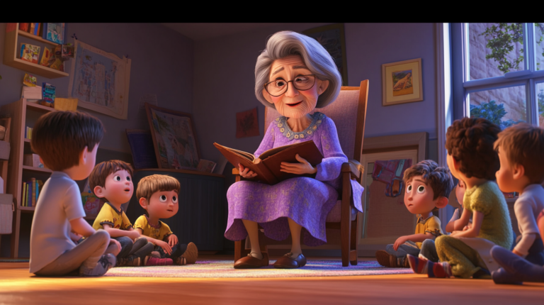 A granny telling story to a group of kids and creating emotional bonding