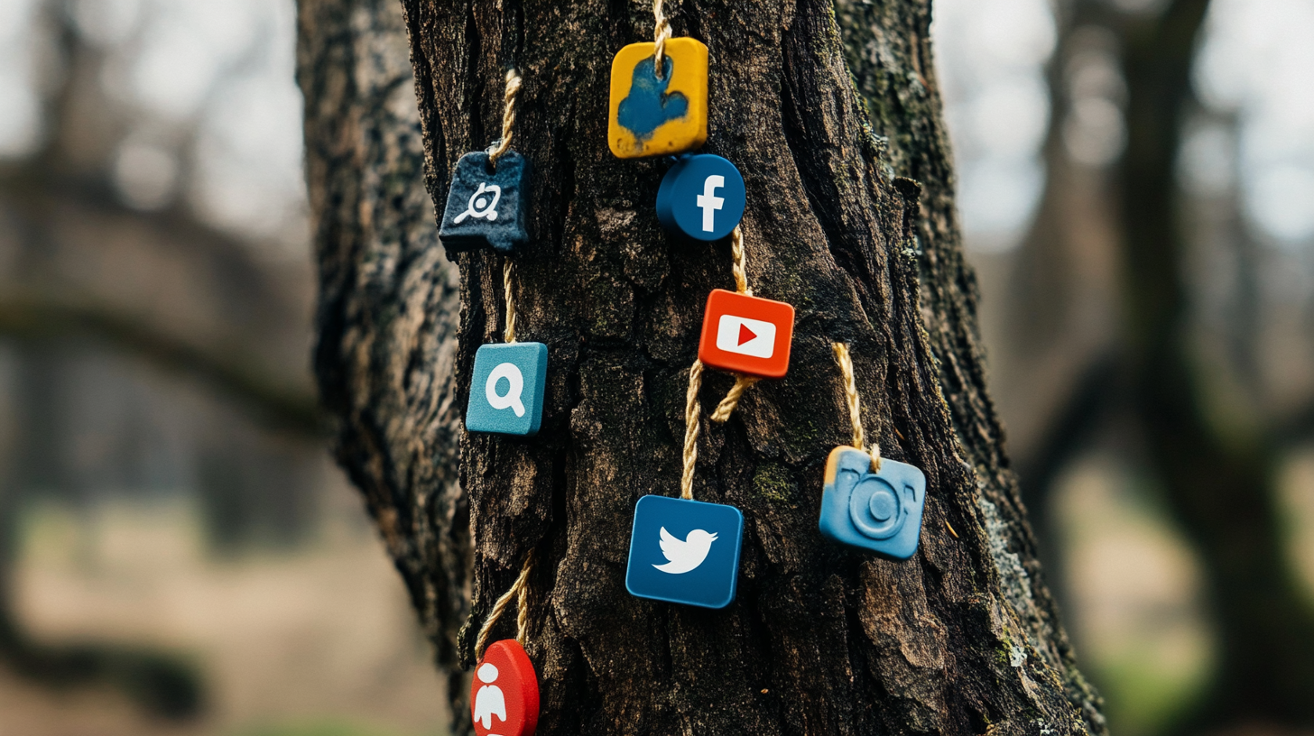 social media icons hanging on the bark of a tree.