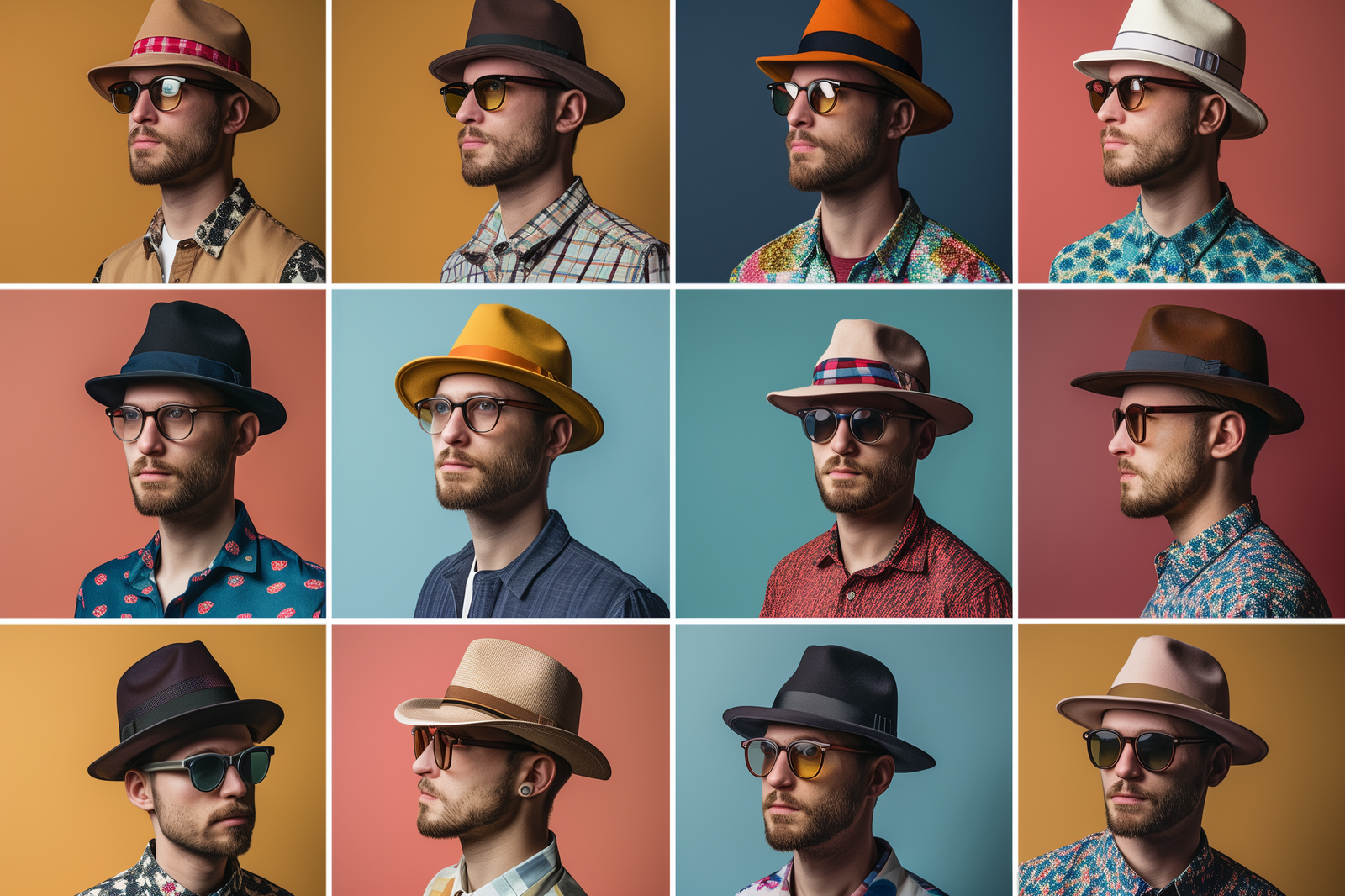 Multiple shots of a Man Wearing Different Hats and Glasses.png