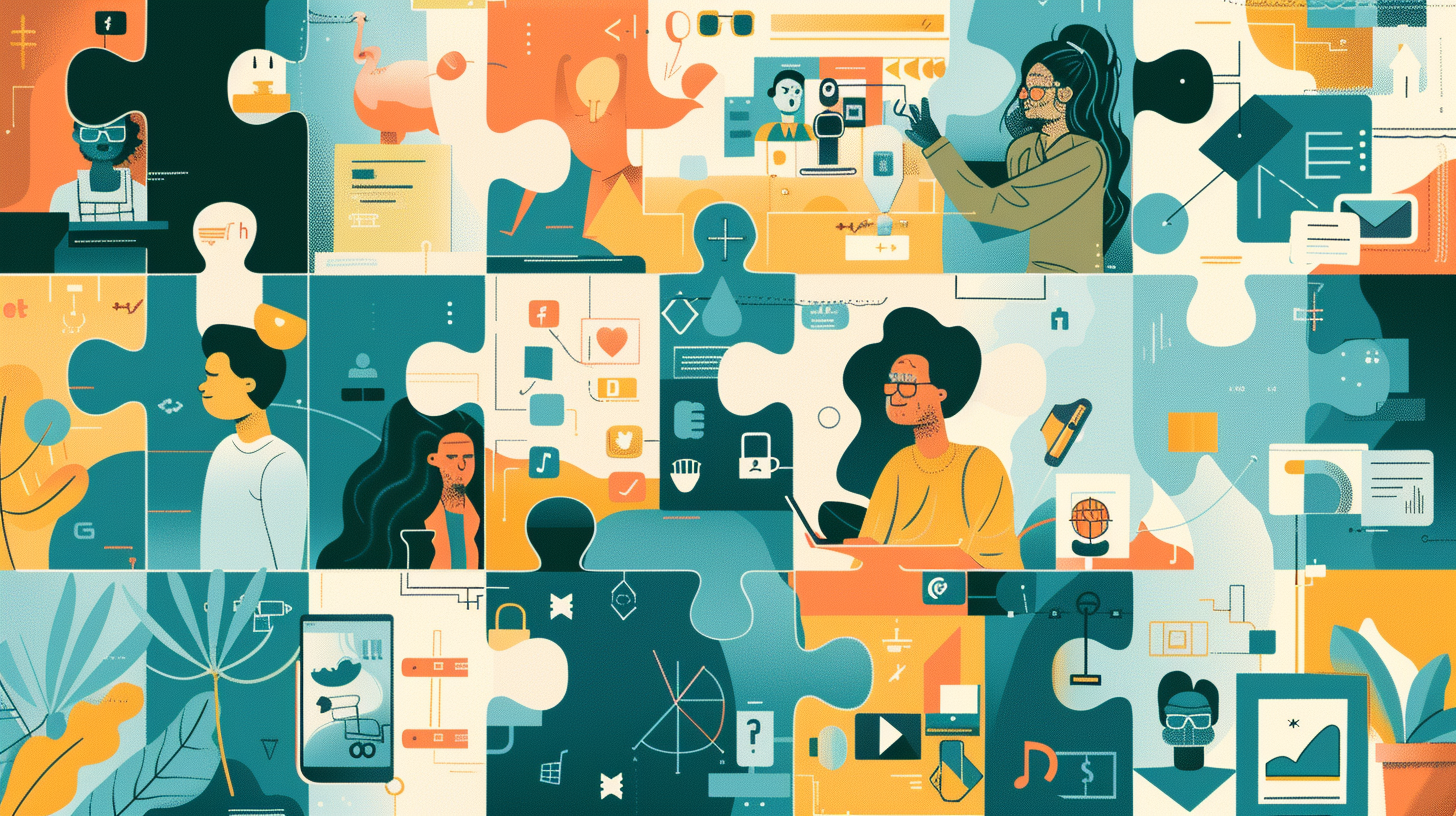 puzzle with diverse customer profiles and product recommendations fitting together seamlessly