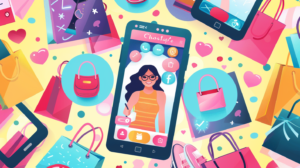 smartphone screen displaying a trendy online store, surrounded by overlapping social media bubbles, each containing a different influencer's selfie