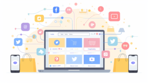 laptop screen displaying ecommerce website and social media platforms