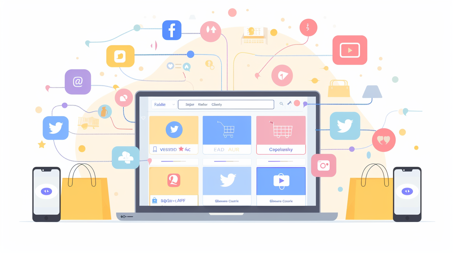 Cross-Promote Ecommerce Content: The UTM-Loop Guide 1 laptop screen displaying ecommerce website and social media platforms