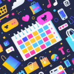 stylized calendar in the center, surrounded by ecommerce icons like shopping carts and social media icons