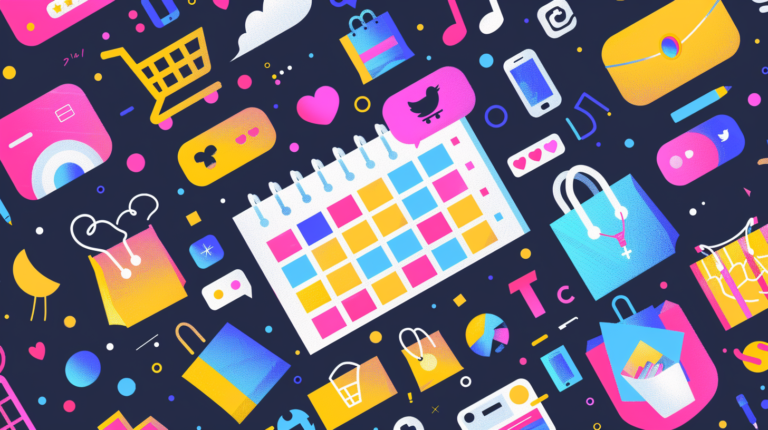 stylized calendar in the center, surrounded by ecommerce icons like shopping carts and social media icons