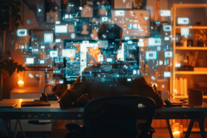 Back shot of a man sitting in front of his computer with SEO icons hovering like a cloud over him