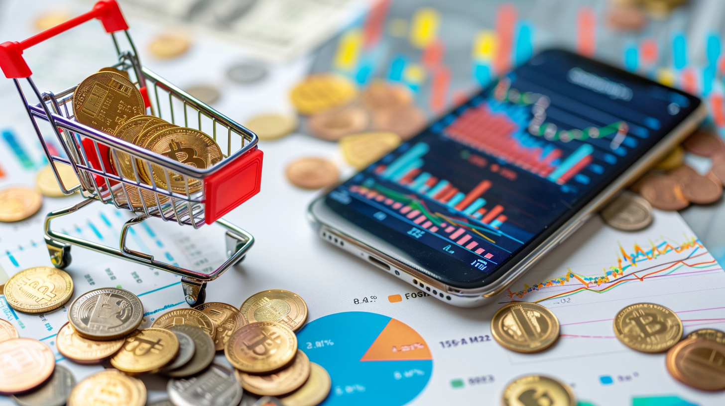 miniature shopping cart filled with coins on one side and a smartphone with a social media app open