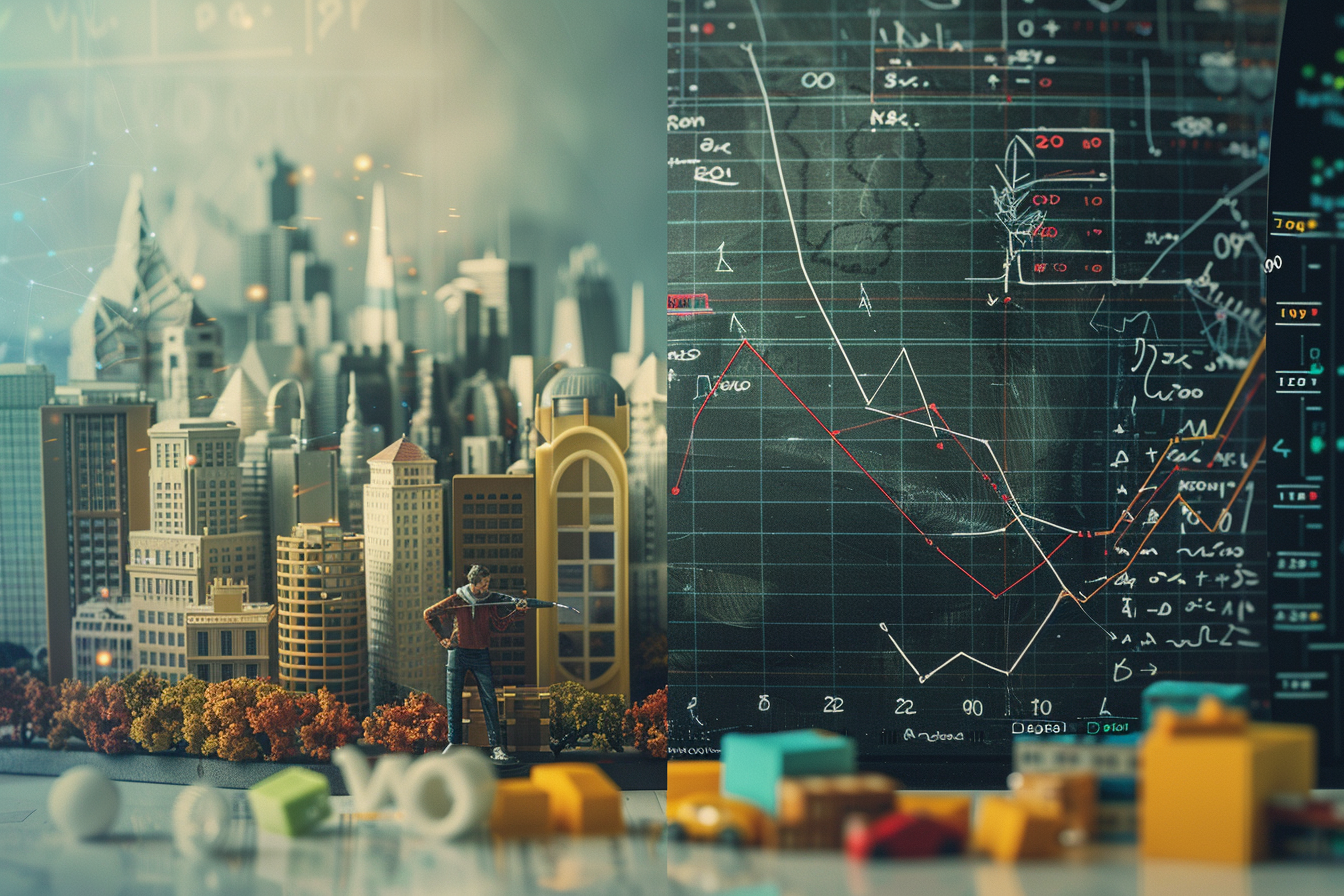 miniature influencer posing in front of a cityscape on one side, and a giant ROI graph on a blackboard on the other