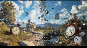 serene landscape with a clock, and a chaotic, cluttered scene with multiple clocks
