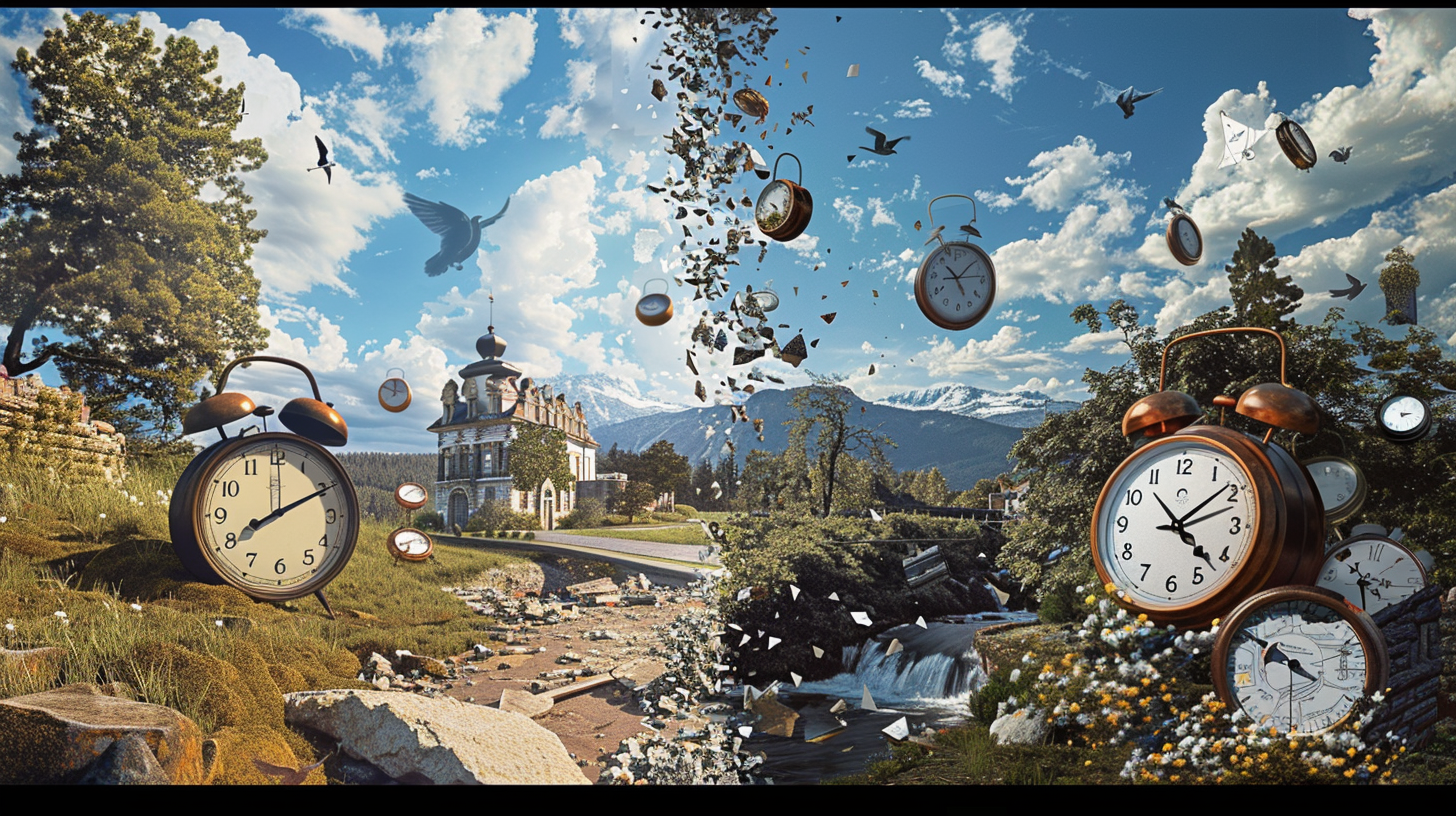 serene landscape with a clock, and a chaotic, cluttered scene with multiple clocks