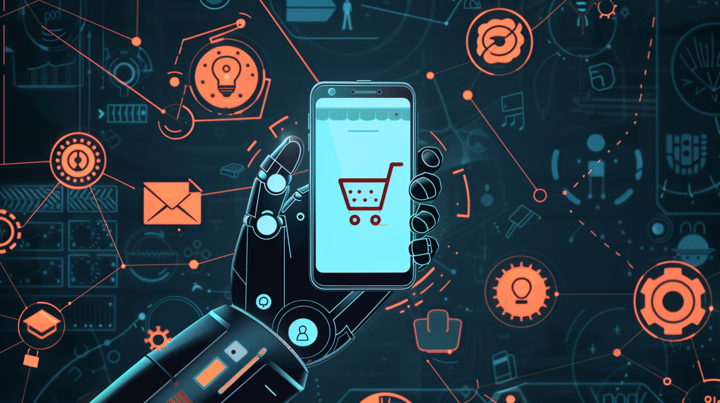 minimalist illustration of a robotic arm holding a smartphone, with various ecommerce-themed icons