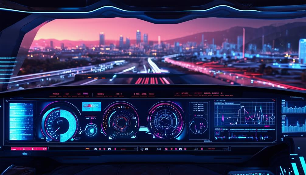 inside shot of a car's dash with lots of gauges and dials and a futuristic city in front of the car