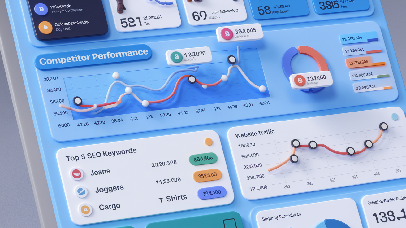 a dashboard showing competitor performance, Top 5 SEO keywords, website traffic