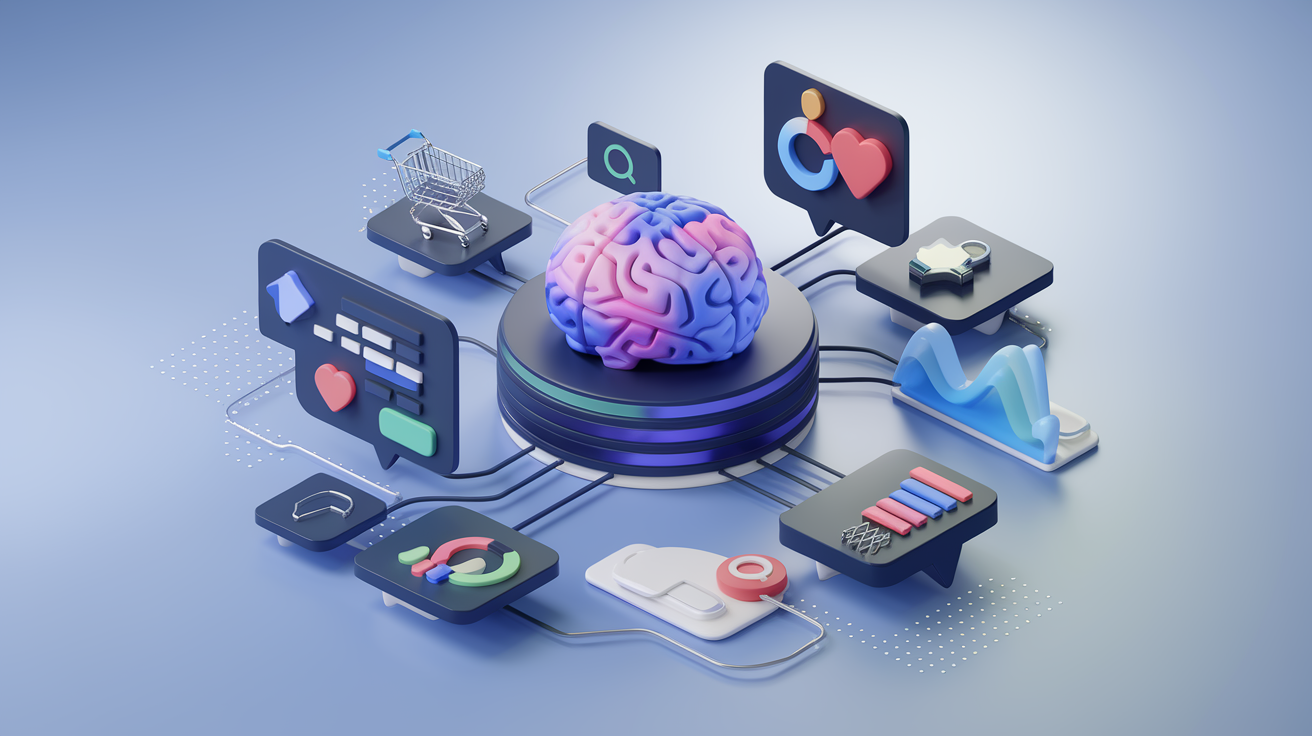 A brain or neural network icon at the center, Various icons like a shopping cart, heart (for likes), search bar, and mouse clicks,Graphs, charts, or lightbulb icons around the AI brain