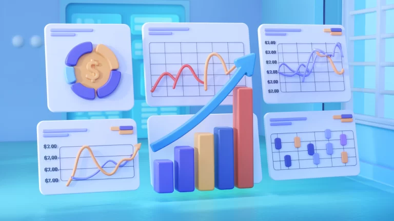 a dashboard showing graph with dollar sign and an upward arrow, a couple of other charts showing price fluctuations and customer segmentation