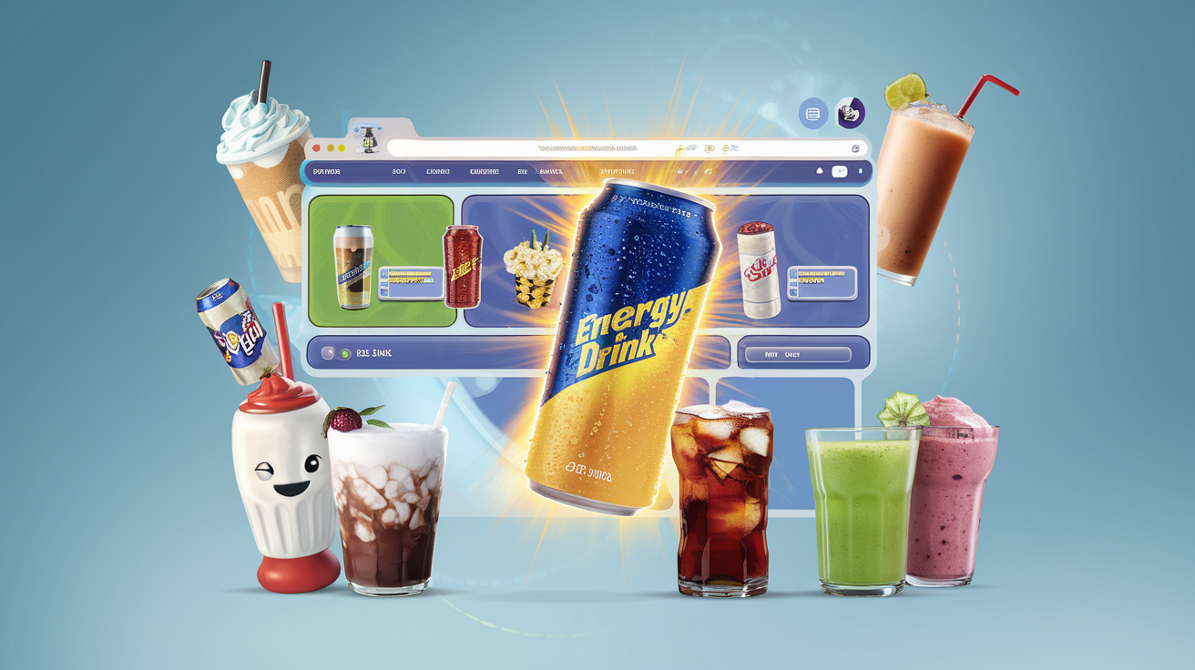 a website showing a variety of drink with a energy drink popping out