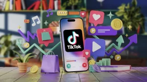 a smartphone screen displaying the TikTok logo and a video content