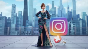 model showcasing a stylish dress with city skyline in the background