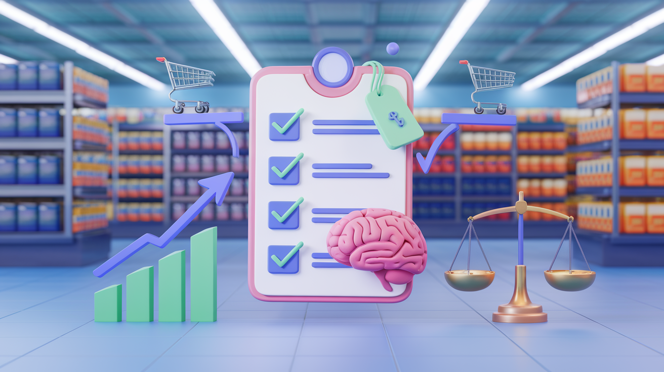 a checklist with key symbols such as price tags, shopping carts, and a brain, representing consumer psychology