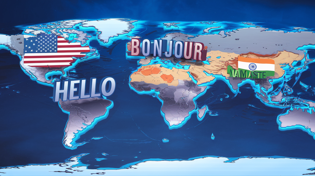 A world map showing Hello in different languages across countries