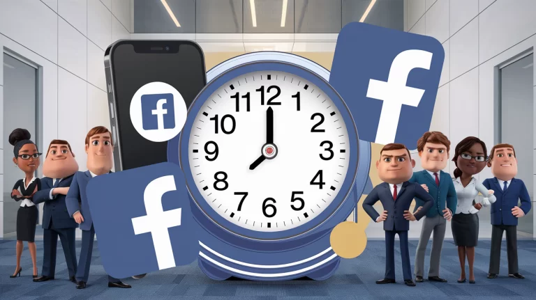 digital clock in the center with a phone next to it with facebook icon and a facebook and team of people in business attire standing around it