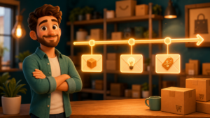 E-commerce store owner standing next to a floating timeline with three envelopes pinned at Day 1, Day 5, and Day 14