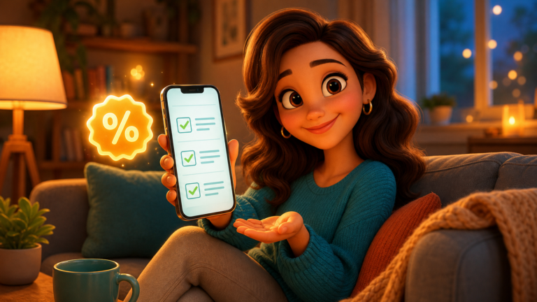 Smiling customer on a couch looking at the viewer while holding a phone with a 3-question survey, discount badge floating beside her