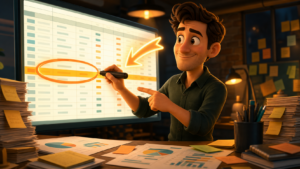 Cartoon entrepreneur circling a highlighted row on a giant glowing spreadsheet with a marker, arrows and sticky notes surrounding his desk