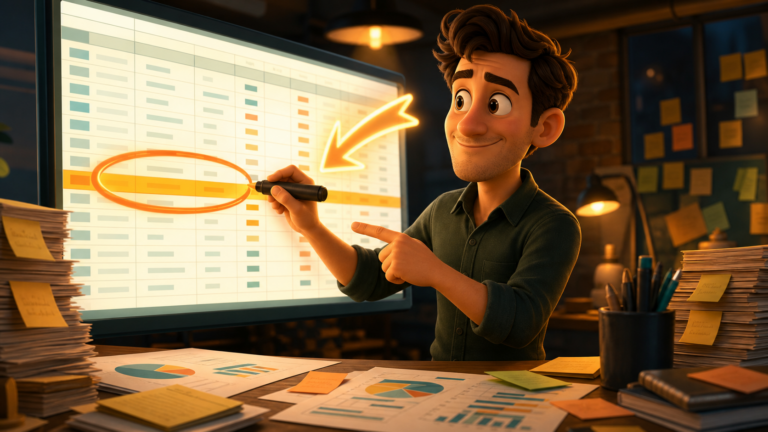 Cartoon entrepreneur circling a highlighted row on a giant glowing spreadsheet with a marker, arrows and sticky notes surrounding his desk